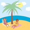 Summer people activities, women in the beach resting on chair and towel, seashore relaxing and performing leisure