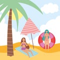 Summer people activities, women with float umbrella resting on towel, seashore relaxing and performing leisure outdoor Royalty Free Stock Photo