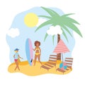 Summer people activities, women with surfboard chairs and umbrella, seashore relaxing and performing leisure outdoor