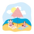 Summer people activities, young women in deck chair and towel in the beach, seashore relaxing and performing leisure