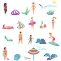 Summer people activity in the ocean beach icons set. Modern gradient flat design vector illustration. Royalty Free Stock Photo