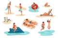 Summer people. Men and women at beach. Tourists sunbathe on sun loungers. Couple jump into water. Happy persons walk with