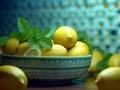 Summer photo, bowl with fresh yellow lemons and tiel tiles in the background, AI generated illustration