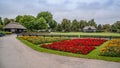 Victoria park in Stafford Staffordshire UK with flowers and pavilion