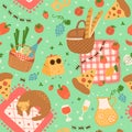 Summer picnic background. Picnic seamless pattern, picnic basket, red blanket with cat, garden outdoor leisure print