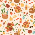 Summer picnic background. Picnic seamless pattern, picnic basket red blanket, food, sausages, food bottle of wine grapes