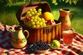 summer picnic basket on blanket with fruit and three jugs