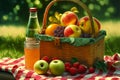 summer picnic basket on blanket with fruit and three jugs