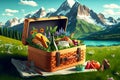 summer picnic basket with food in meadow near mountains Royalty Free Stock Photo