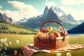 summer picnic basket with food in meadow near mountains Royalty Free Stock Photo