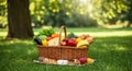 Summer Picnic Basket with Fresh Food on Green Grass Royalty Free Stock Photo