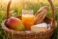 Summer picnic basket with fresh mango juice, rustic bread, and cheese in a meadow setting Royalty Free Stock Photo