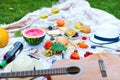 Summer Picnic Basket on the Green Grass. Food and drink concept. Royalty Free Stock Photo