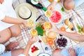 Summer Picnic Basket on the Green Grass. Food and drink concept.