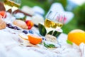 Summer Picnic Basket on the Green Grass. Food and drink concept.