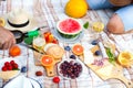 Summer Picnic Basket on the Green Grass. Food and drink concept. Royalty Free Stock Photo