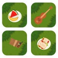 Summer picnic basket products wine grass background vector illustration in flat style.