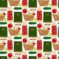 Summer picnic basket products wine seamless pattern background vector illustration in flat style.