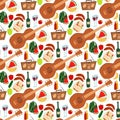 Summer picnic basket products wine seamless pattern background vector illustration in flat style.