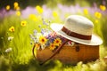 summer picnic basket in summer flower meadow with hat Royalty Free Stock Photo