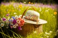 summer picnic basket in summer flower meadow with hat Royalty Free Stock Photo