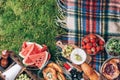 Summer picnic with cake, fruits, cheese, wine and snacks on plaid over green background. Top view. Copy space. Summer Royalty Free Stock Photo