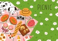 Summer picnic card design. Food, fruits, baguette on blanket on grass and cute dog on weekend. Holiday outdoor eating Royalty Free Stock Photo