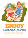 Summer picnic card with women enjoying food outdoors flat vector illustration.