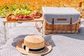 Summer picnic composition, wicker basket, straw hat and small table with fruits and croissants Royalty Free Stock Photo