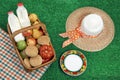 Summer Picnic Concept With Straw Hat And Food Basket Royalty Free Stock Photo