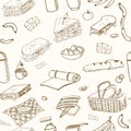 Summer picnic doodle seamless pattern. Various meals, drinks, objects, sport activities.