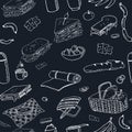 Summer picnic doodle seamless pattern. Various meals, drinks, objects, sport activities. Royalty Free Stock Photo