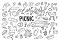 Summer picnic doodle set. Various meals, drinks, objects, sport activities. Vector illustration isolated over white background
