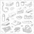Summer picnic doodle set. Various meals, drinks, objects, sport activities. Vector illustration