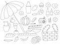 Summer picnic doodle set. Various meals, drinks, objects.