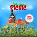 Summer Picnic Flyer Template with a bottle of sangria red wine, watermelon, green grass, red cup.