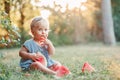Summer picnic food. Cute Caucasian baby girl eating ripe red watermelon in park. Funny child kid sitting on ground with fresh Royalty Free Stock Photo
