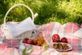 Summer picnic in the forest on the grass. Wine, fruit and croissants. Royalty Free Stock Photo