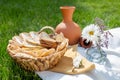 summer picnic on the green grass. clay jug and bread