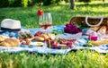 Summer picnic in the park on the grass. Wine, fruit and croissants Royalty Free Stock Photo