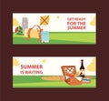 Summer picnic in park on the meadow watermalon, cakes, wine, napkins, plates vector illustration for banners. Get ready
