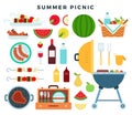 Summer picnic party, icons set. Barbeque elements, food, drinks, picnic basket, cooking utensils. Vector illustration.