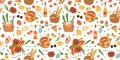 Summer picnic pattern. Hand drawn picnic baskets with food seamless pattern, picnic background, summer outdoor print