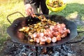 Summer picnic. Preparation of delicious sausages