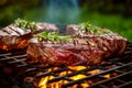 Summer picnic retreat: grilled sirloin steak with rosemary on a flaming BBQ grill outdoors Royalty Free Stock Photo