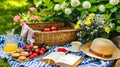 Summer Picnic scene is peaceful and relaxing in garden. A basket of food and drink, fruit and berries, book and flowers Royalty Free Stock Photo