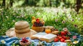 Summer Picnic scene is peaceful and relaxing in garden. A basket of food and drink, fruit and berries, book and flowers Royalty Free Stock Photo