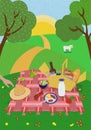 Summer picnic in setting sun nature. Lawn, hills and trees, cow grazes meadow. Blanket with food and drink basket. Cute Royalty Free Stock Photo