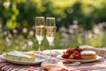Summer picnic with sparkling wine, strawberries and cheese, AI generated Royalty Free Stock Photo