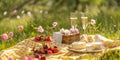 Summer picnic with sparkling wine, strawberries and cheese. AI generated Royalty Free Stock Photo